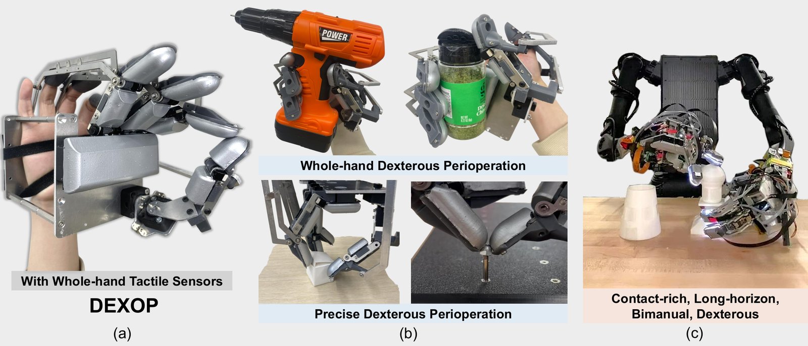 DEXOP: an exoskeleton and robot hand with whole-hand tactile sensors