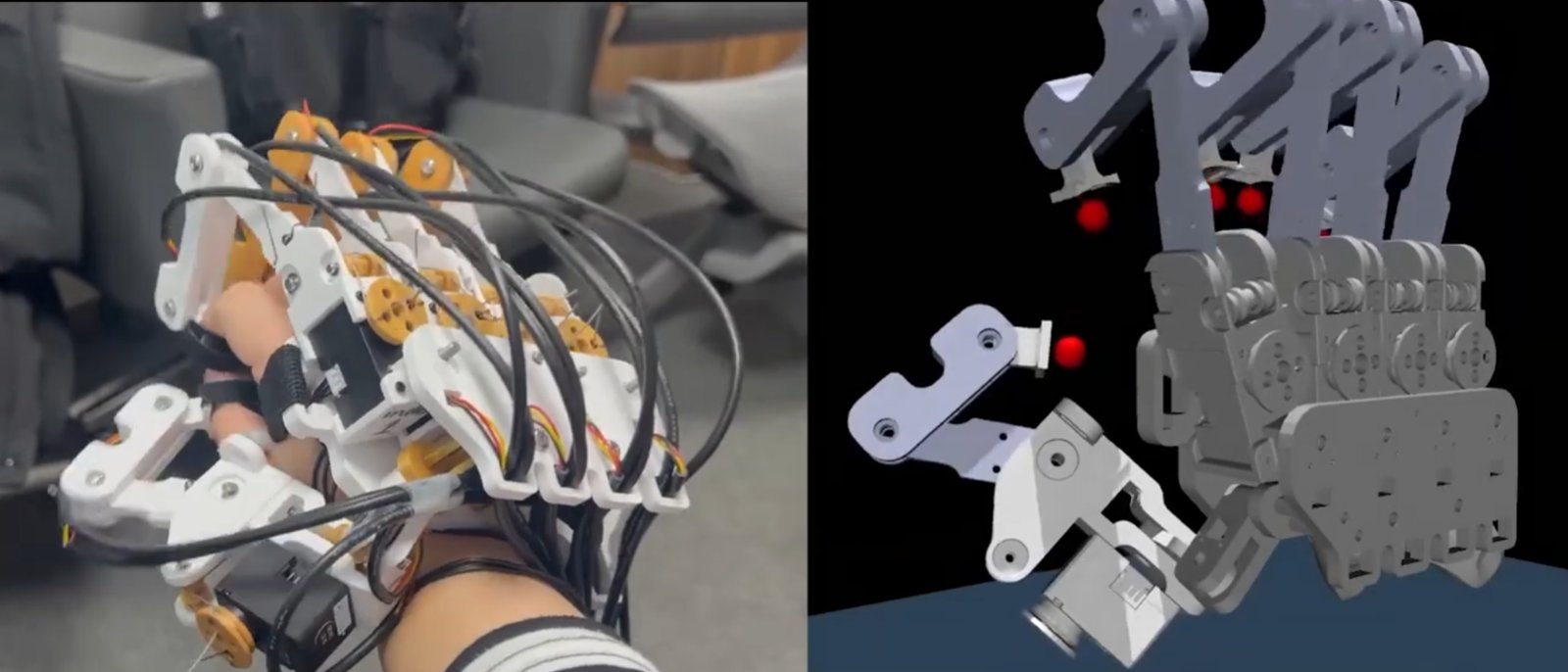 The DOGlove glove and a dexterous hand in simulation