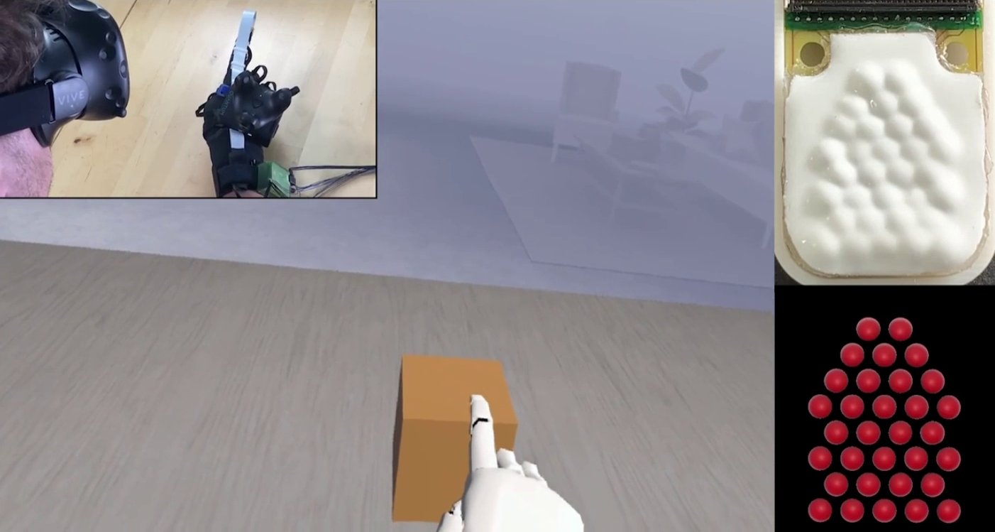 Fluid Reality: pushing a box with a finger in VR raises the fingertip array and lights up every contact point
